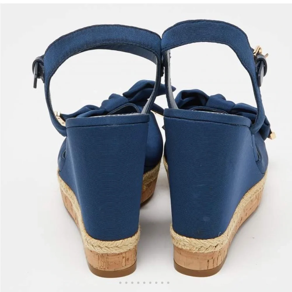 Tory Burch Blue Canvas and Leather Espadrille Wedge Ankle Strap Sandals